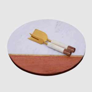 12 Inch Round Wood Tray - Marble Cheese Board with Knife Set