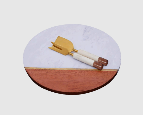 12 Inch Round Wood Tray - Marble Cheese Board with Knife Set