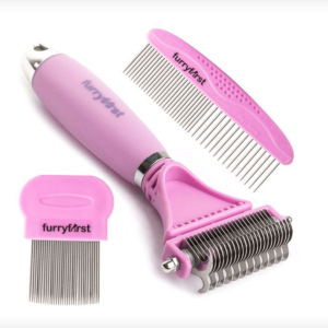 Furryfirst Dog Cat Grooming Tool Kit – Thick Undercoat Dematting Brush & Shedding Combs Set for 2 Layer Coats, Short, Medium & Long Haired Pets – Pain-Free Design, Ergonomic, Non-Slip