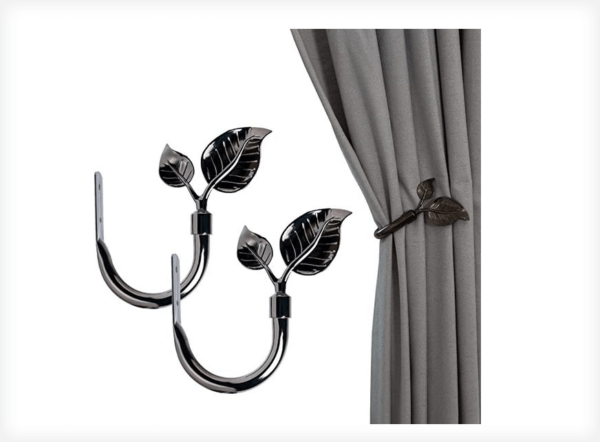 HIKMLK Handmade Metal Curtain Holdbacks 2pcs, Leaf Shaped Curtain Tiebacks, Nickel Black Side Holders Curtain Pulll Back Hooks for Drapes Drapery Window Home Decoration