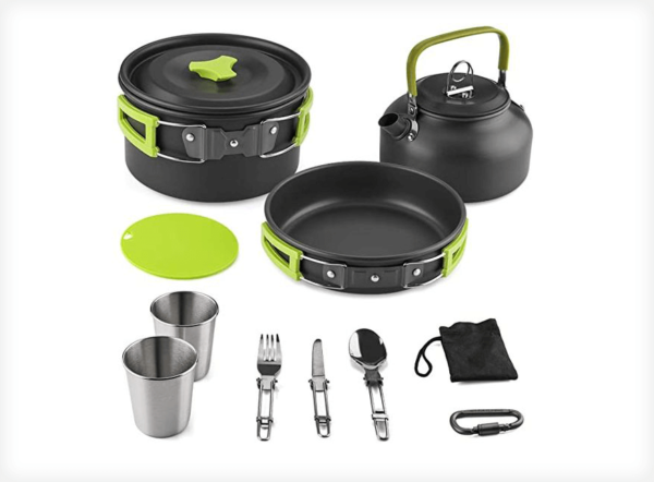 Tokmali Camping Cookware Kit, Portable Aluminum Outdoor Cooking Set with Pot, Pan, Kettle, Mess Kit, Carabiner, Nylon Storage Bag for 2-3 People to Camping Hiking Picnic Travel Outdoor Party