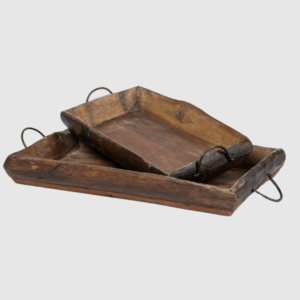 Vintage Wooden Tray with Handles – Set of 2 Medium Brown Recycled Wood Trays