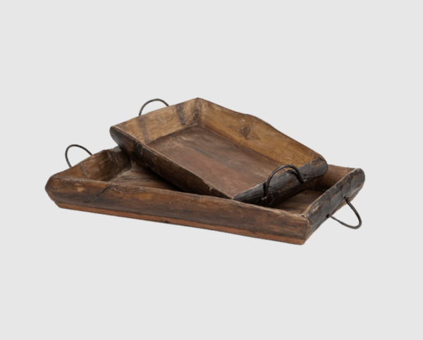 Vintage Wooden Tray with Handles – Set of 2 Medium Brown Recycled Wood Trays